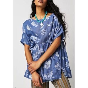 We The Free Moon City Tunic Top S Blue Floral Linen Blend Boho Oversized Pockets